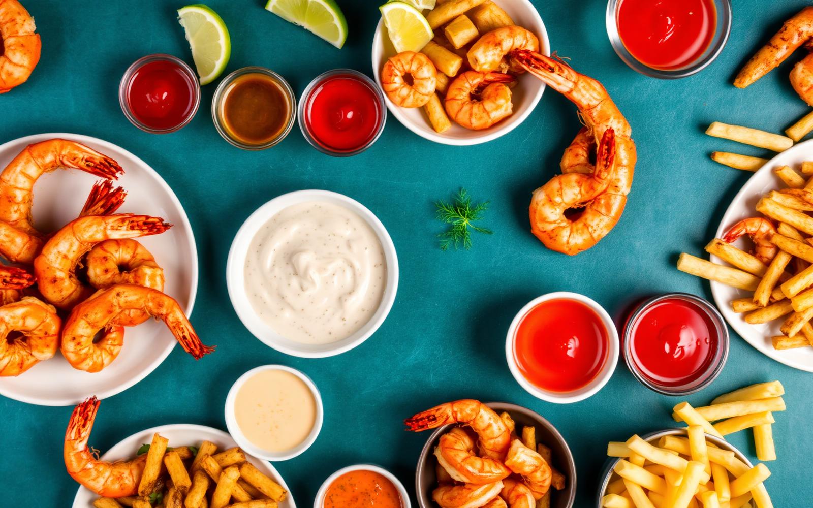 Overhead spread of shrimp dishes, fries and sauces